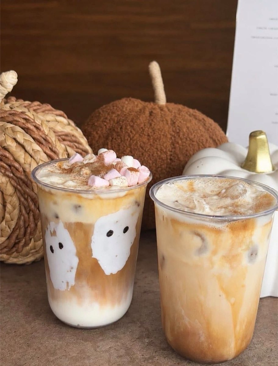 Two iced autumn lattes with ghost faces